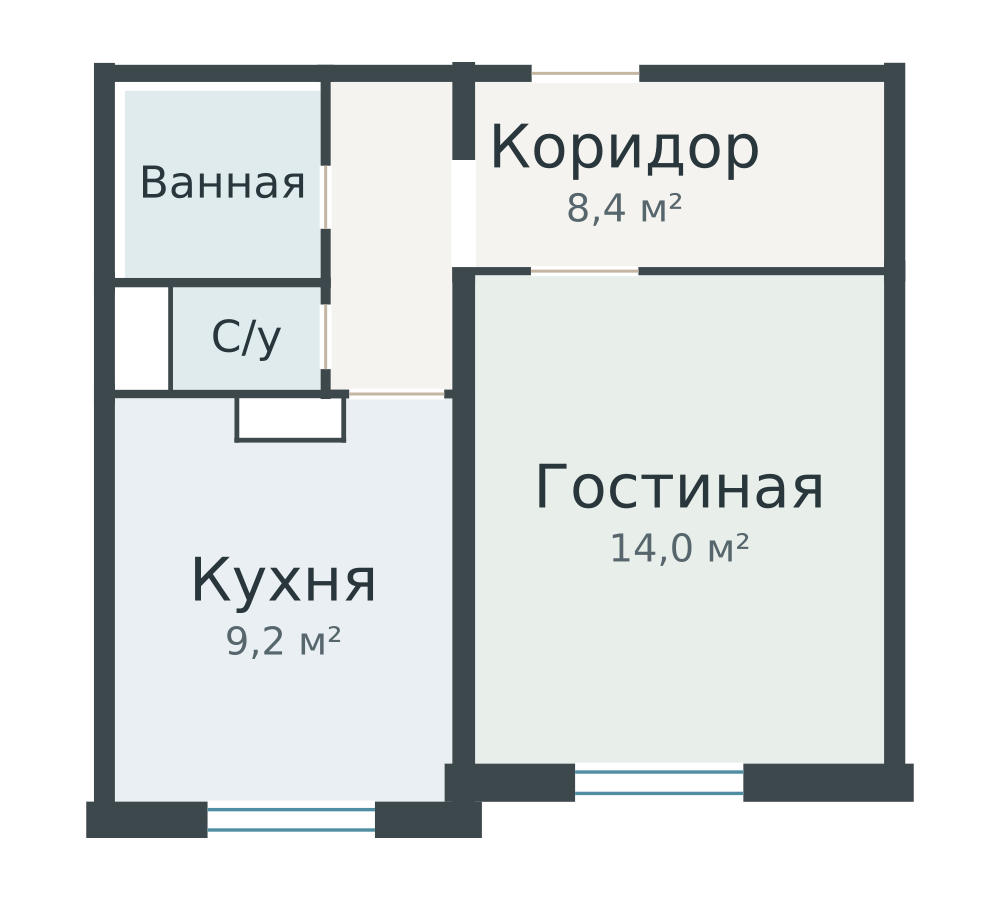 План: П-3 — однокомнатная с отдельной кухней