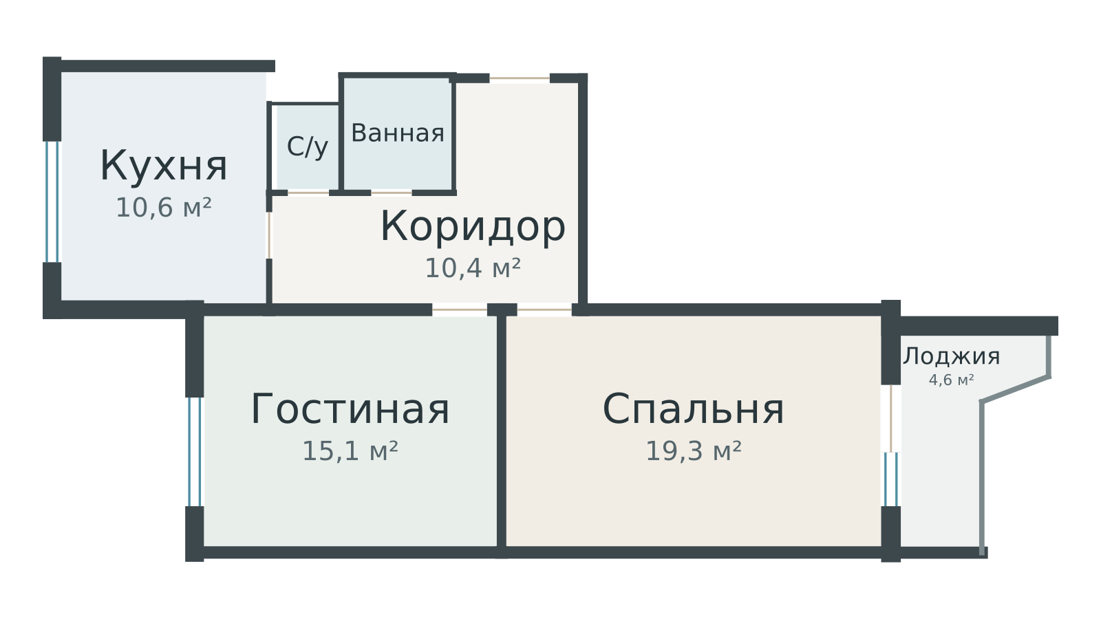 План: П-44 — двухкомнатная, линейный вариант